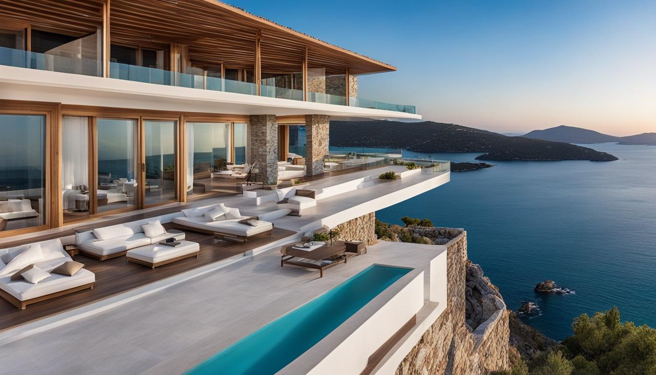 Create an image of a luxurious Bodrum villa perched on a cliff, overlooking the crystal-clear turquoise waters of the Aegean Sea. The villa is made of white marble and features elegant and modern architecture with large floor-to-ceiling windows that offer stunning panoramic views. The outdoor area boasts a spacious infinity pool and a sun deck with comfortable loungers for relaxation. The surrounding landscape is lush with greenery, adding to the peaceful and serene ambiance.